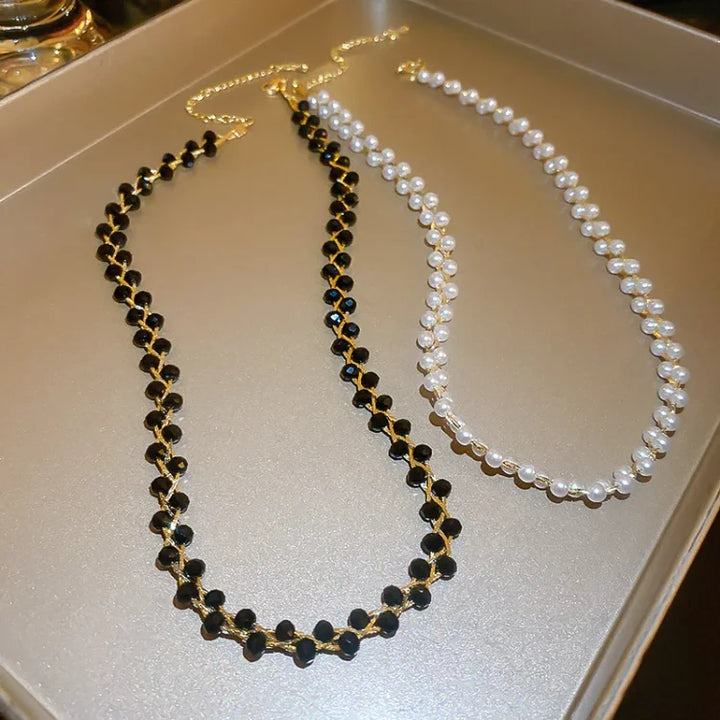 Amira Double Crystal & Pearl Necklace-Black Crystal-State of Style