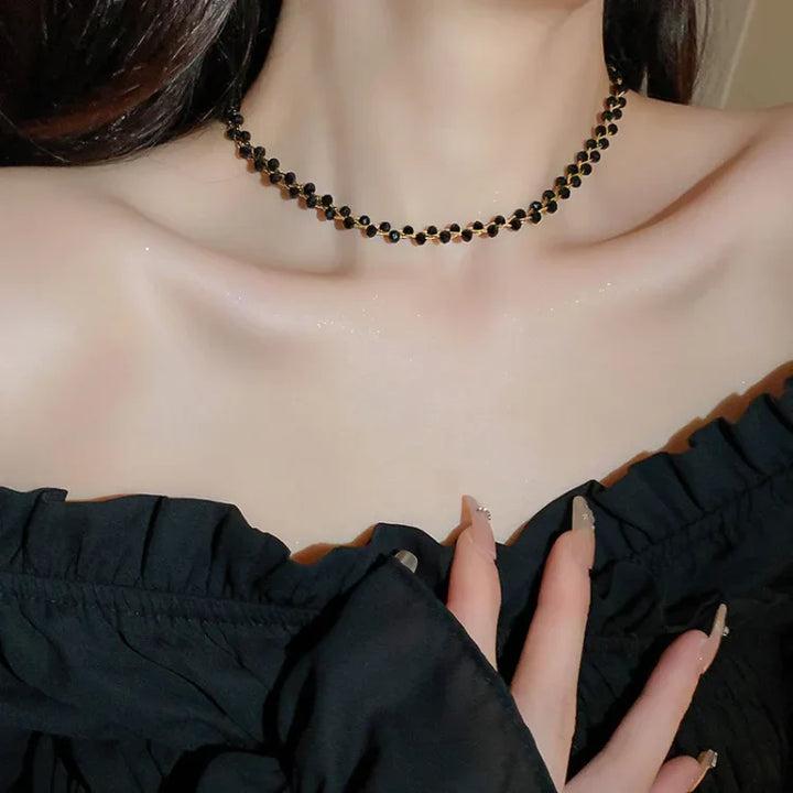 Amira Double Crystal & Pearl Necklace-Black Crystal-State of Style