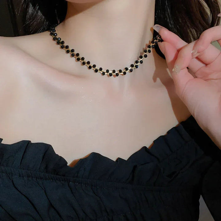 Amira Double Crystal & Pearl Necklace-Black Crystal-State of Style