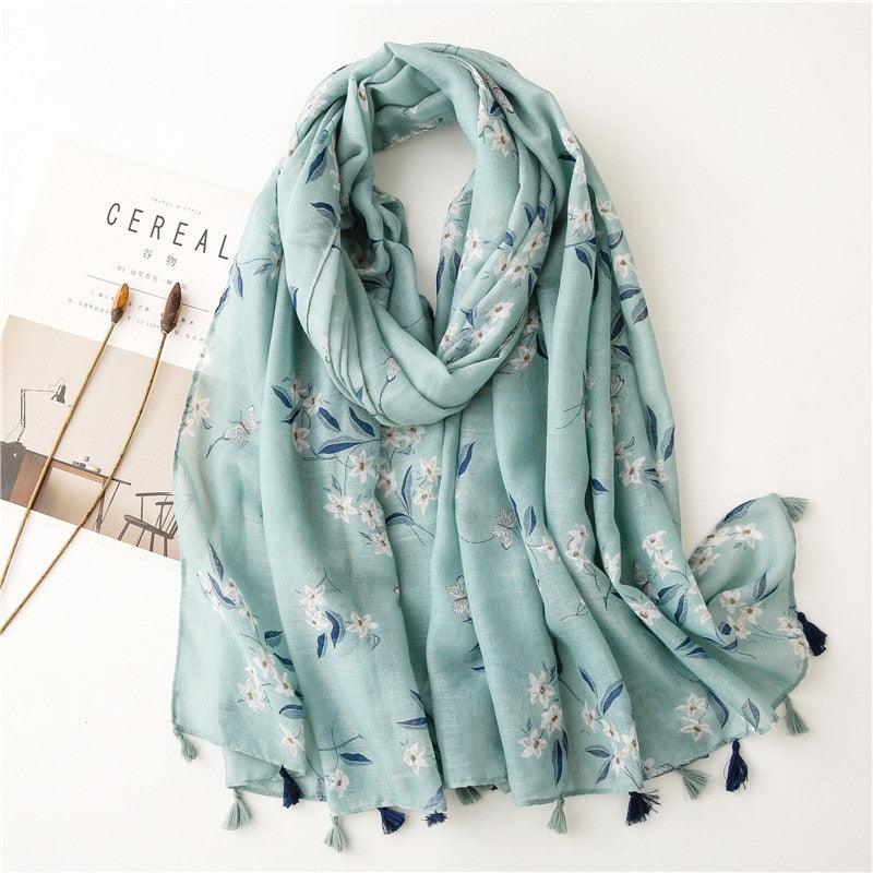 AnnaliesScarf | Women's Scarf-Turquoise with White Flowers-State of Style