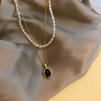 Aria Black Onyx and Pearl Stacking Necklace-State of Style