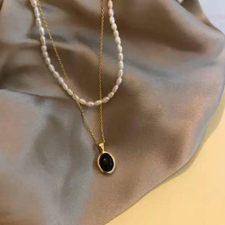 Aria Black Onyx and Pearl Stacking Necklace-State of Style