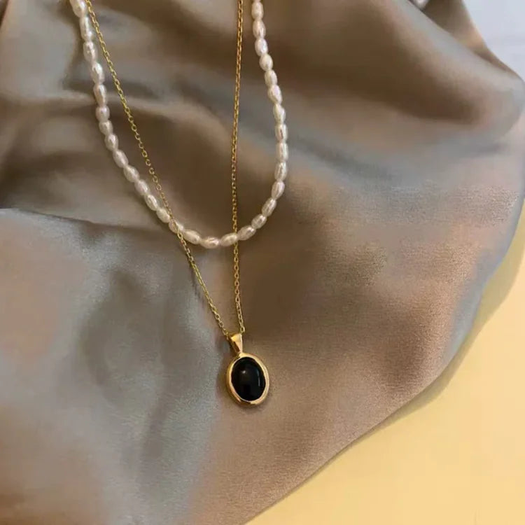 Aria Black Onyx and Pearl Stacking Necklace-State of Style