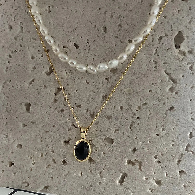 Aria Black Onyx and Pearl Stacking Necklace-State of Style
