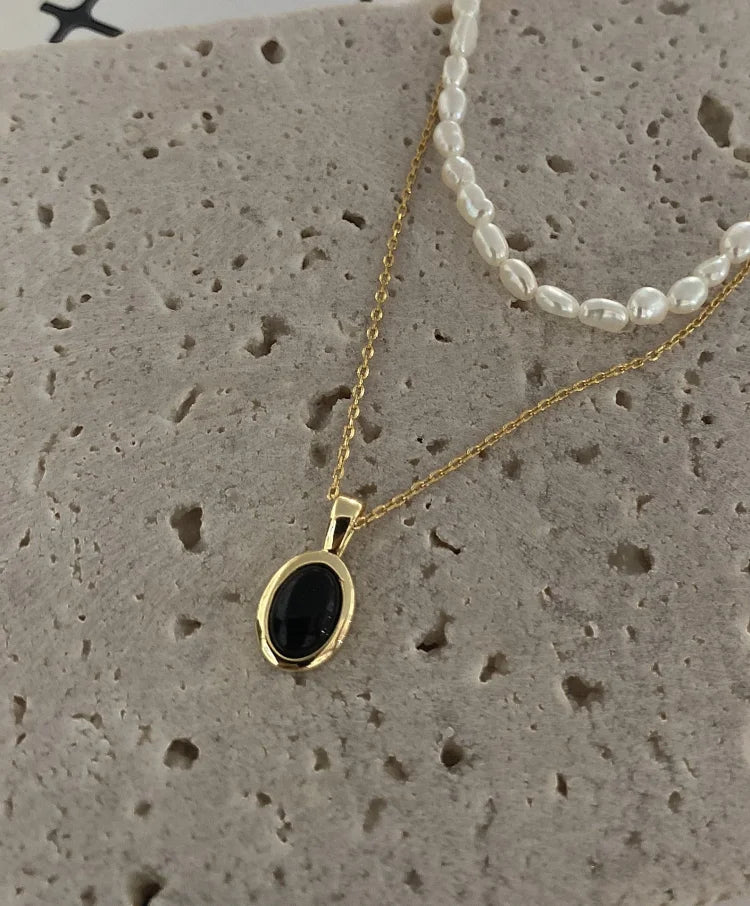 Aria Black Onyx and Pearl Stacking Necklace-State of Style