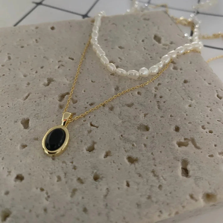 Aria Black Onyx and Pearl Stacking Necklace-State of Style