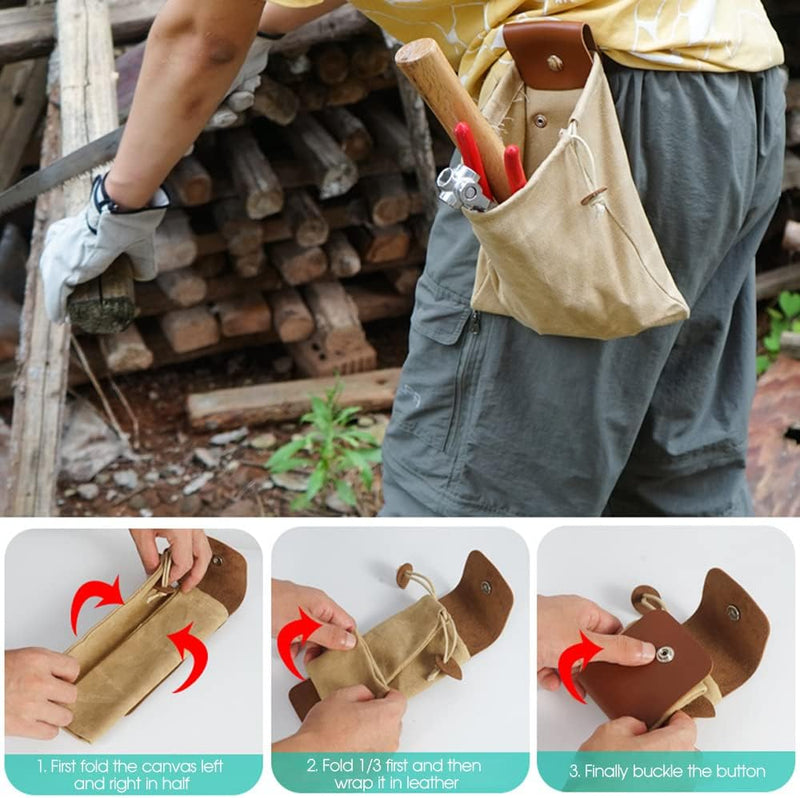Collapsible Waxed Canvas Foraging Pouch with Leather Loop – 1+1 FREE
