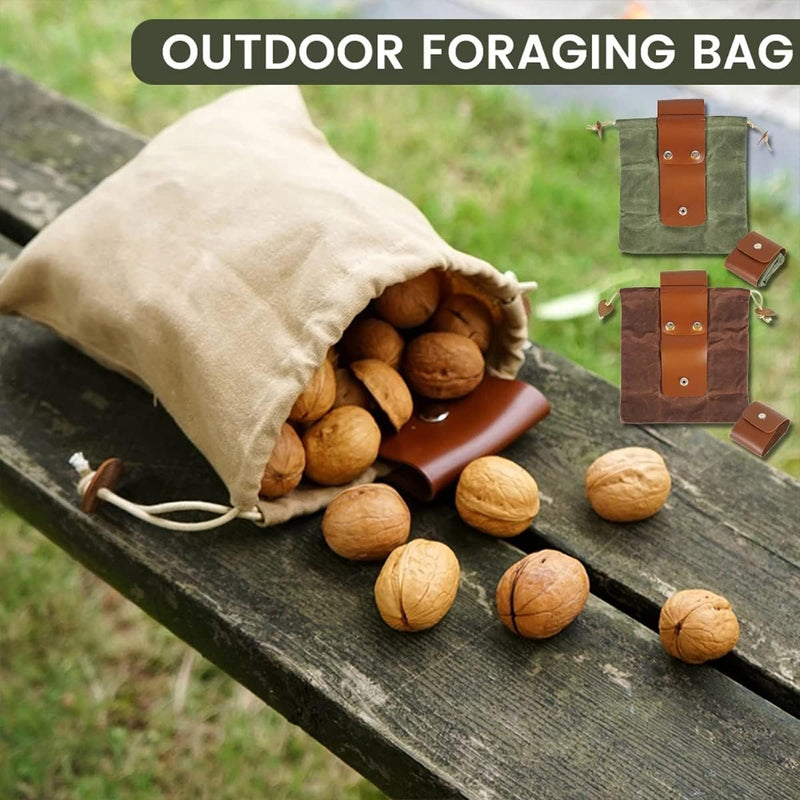 Collapsible Waxed Canvas Foraging Pouch with Leather Loop – 1+1 FREE