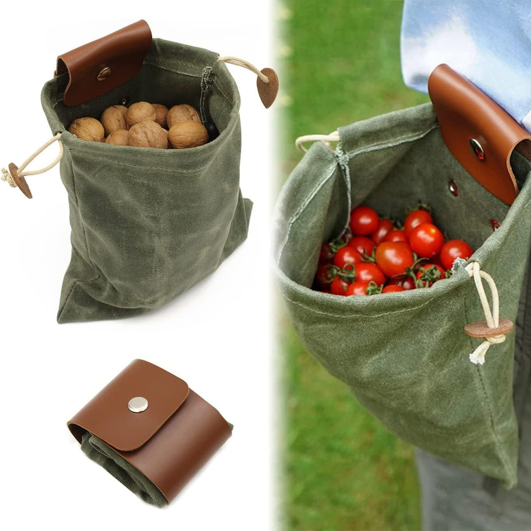 Collapsible Waxed Canvas Foraging Pouch with Leather Loop – 1+1 FREE