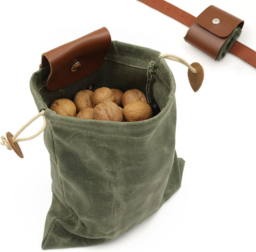 Collapsible Waxed Canvas Foraging Pouch with Leather Loop – 1+1 FREE