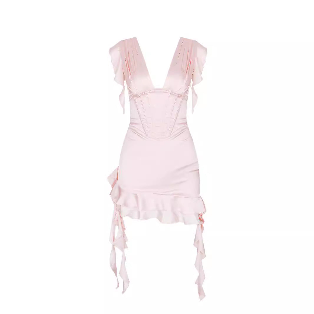 Asymmetrical ruffled dress with V-neckline & figure enhancement – Elira-Pink-L-State of Style