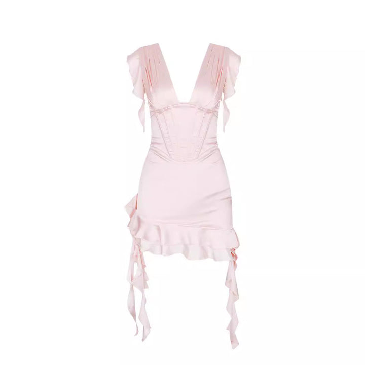 Asymmetrical ruffled dress with V-neckline & figure enhancement – Elira-Pink-L-State of Style