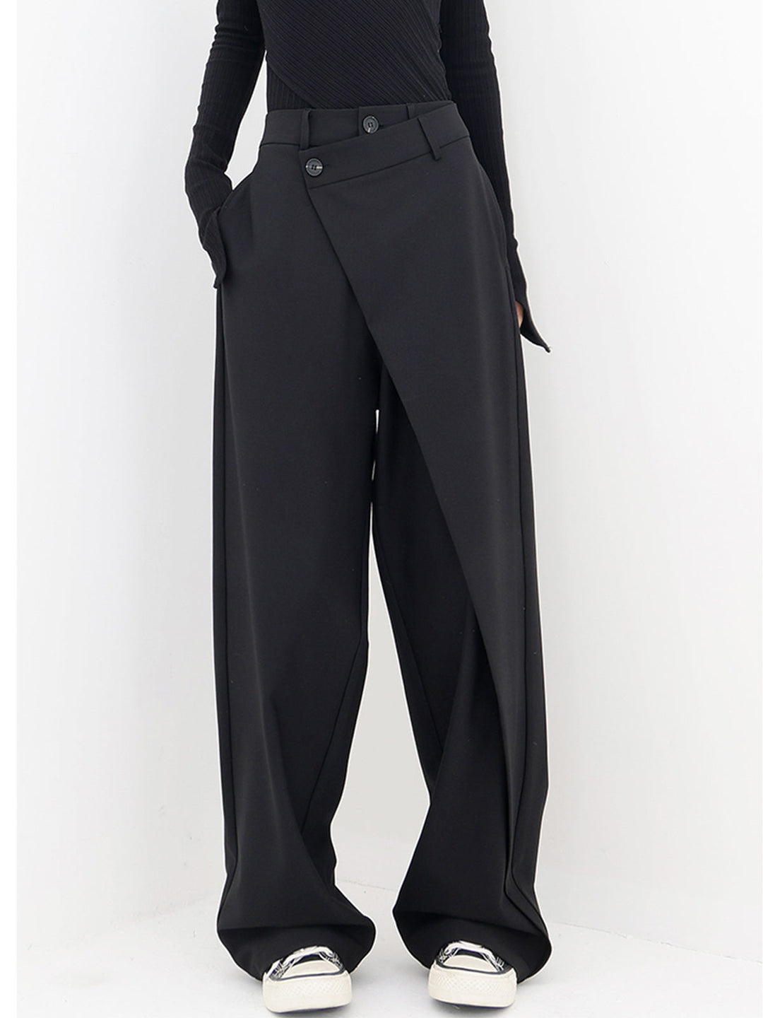 Asymmetrical Wide Women's Trousers with Double Button – Noa-Black-XS-State of Style