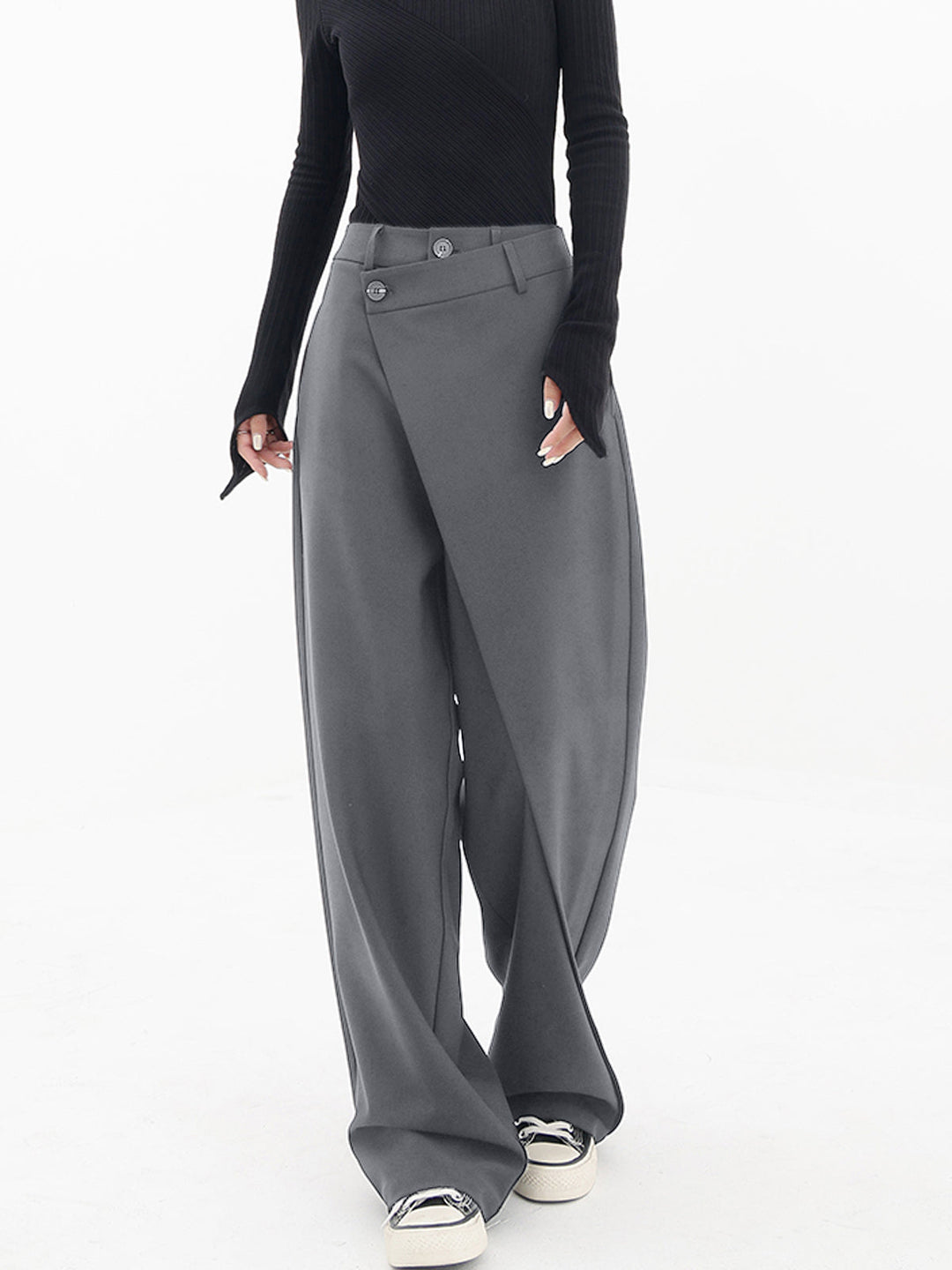 Asymmetrical Wide Women's Trousers with Double Button – Noa-Grey-XS-State of Style