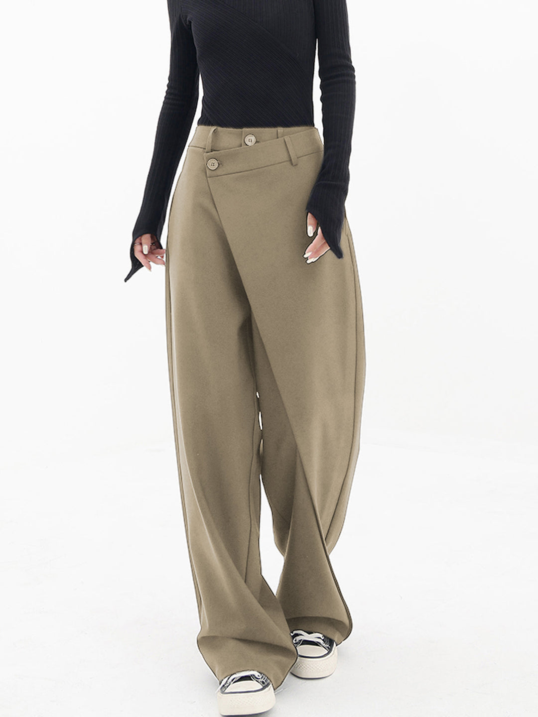 Asymmetrical Wide Women's Trousers with Double Button – Noa-Khaki-XS-State of Style