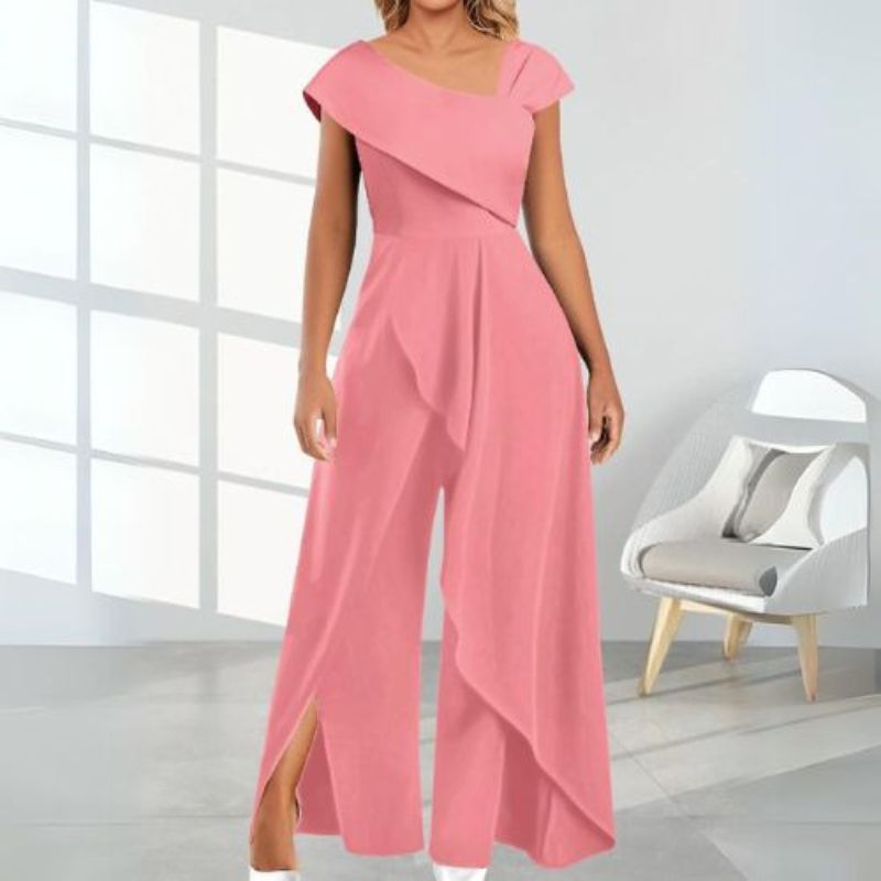Asymmetrical women's jumpsuit with diagonal collar – Selina-Pink-S-State of Style