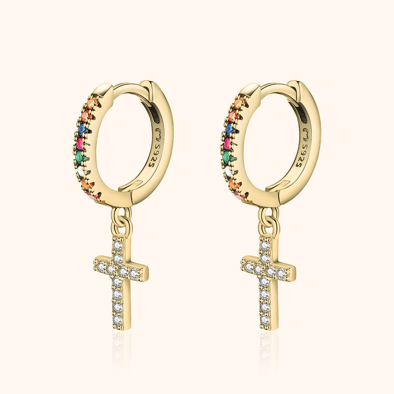 Aurora Coloured Zirconia Cross Earrings-Gold-State of Style