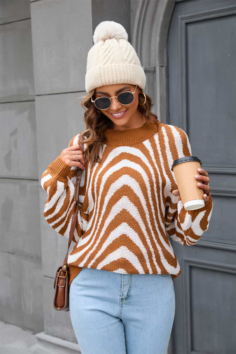 Azure Round Neck Sweater with Print-Caramel-S-State of Style