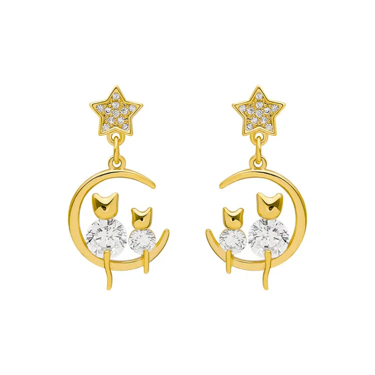 Golden Cat Earrings with Zirconia – Feline