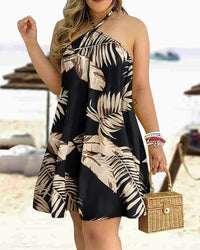 Backless summer dress with tropical print and halterneck - IslandDream-Black-XS-State of Style