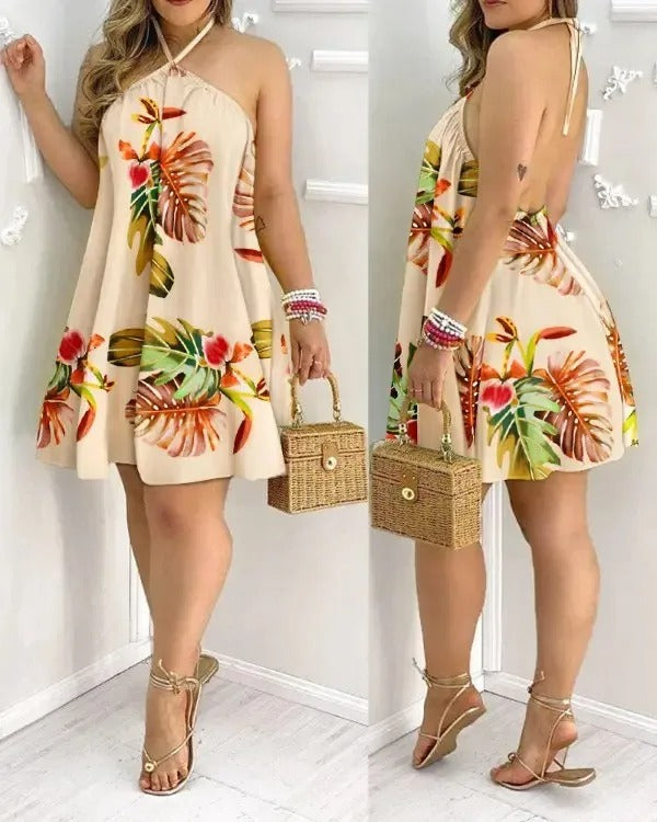 Backless summer dress with tropical print and halterneck - IslandDream-Black-XS-State of Style