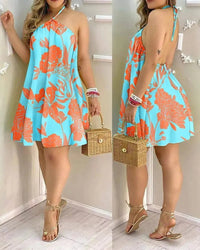 Backless summer dress with tropical print and halterneck - IslandDream-Black-XS-State of Style