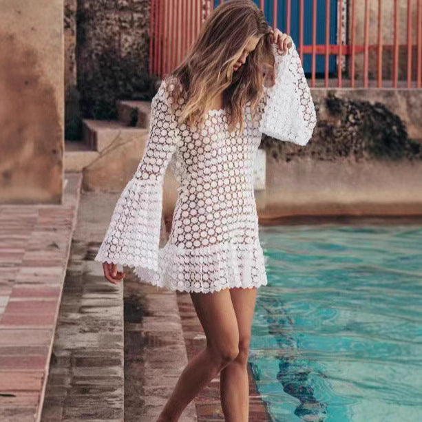 Backless summer mini dress with flared sleeves – Maja-White-S-State of Style