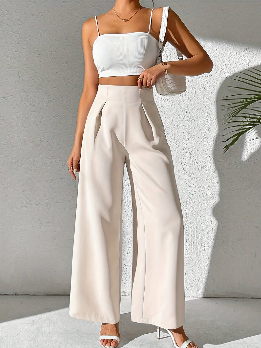 Beige High-Waist Wide-Leg Trousers for Women - Yara-S-State of Style