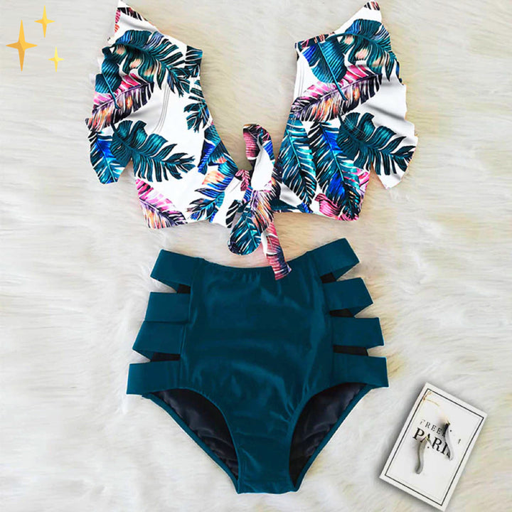 Bikini Set with Ruffle Top and High Waist Bottom – Zaya-Blue-S-State of Style