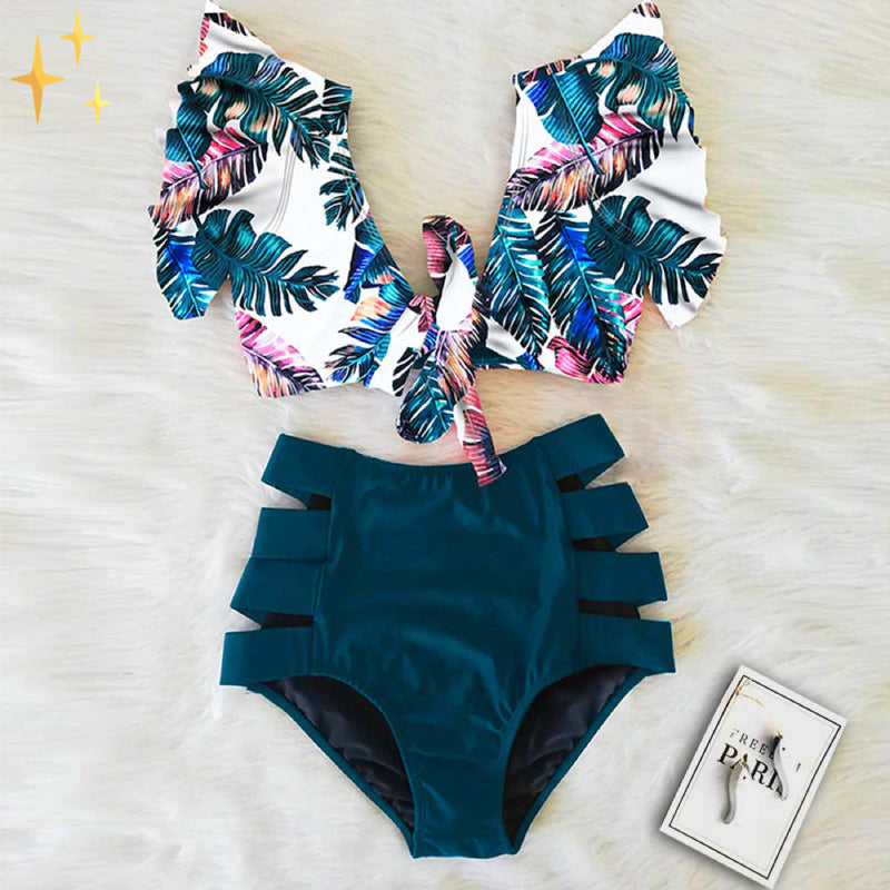 Bikini Set with Ruffle Top and High Waist Bottom – Zaya-Blue-S-State of Style