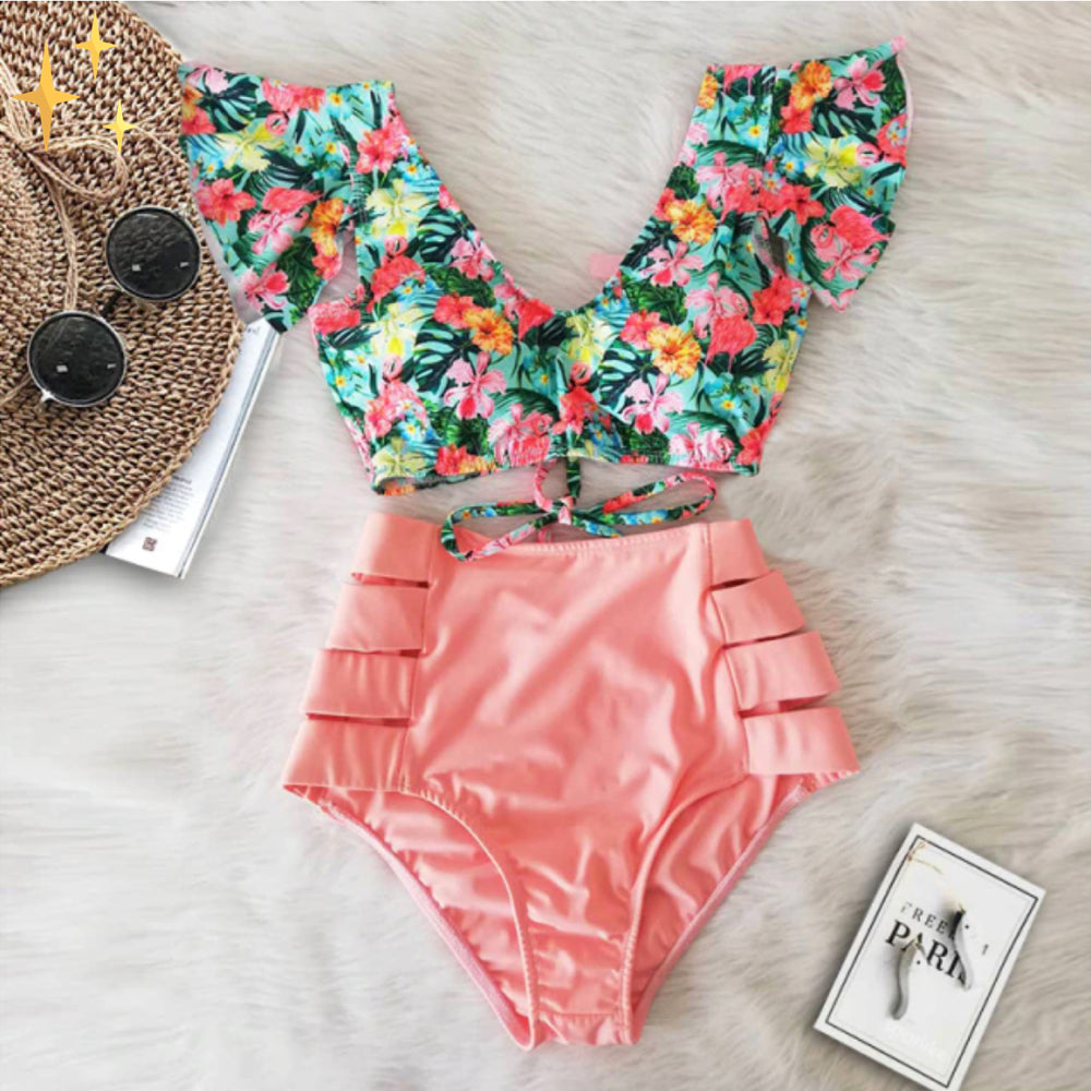 Bikini Set with Ruffle Top and High Waist Bottom – Zaya-Pink-S-State of Style