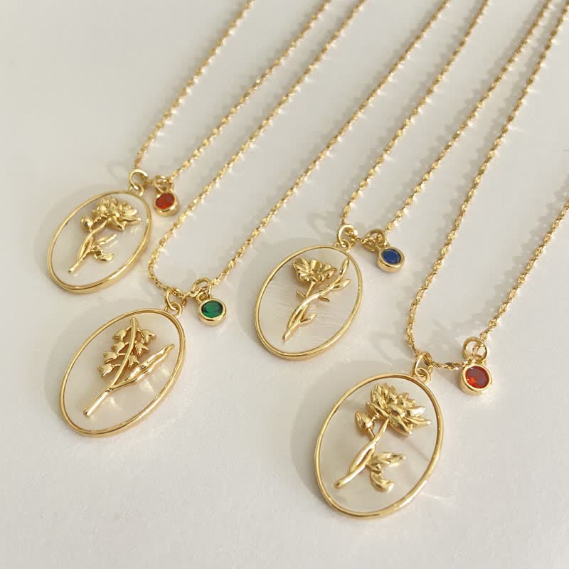 Birthstone with Birth Flowers Necklace - Aurora-January - Carnation-State of Style