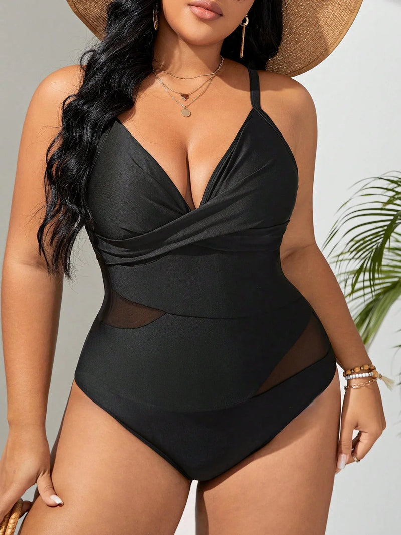 Black Plus Size Strappy Bombshell Swimsuit-Black-2XL-State of Style