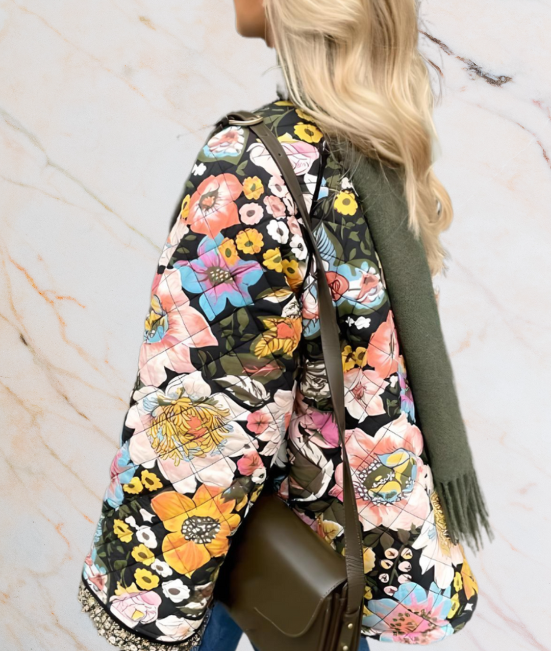 BLACK THICK ARTIFICIAL JACKET WITH LARGE FLORAL PRINTS-S-State of Style