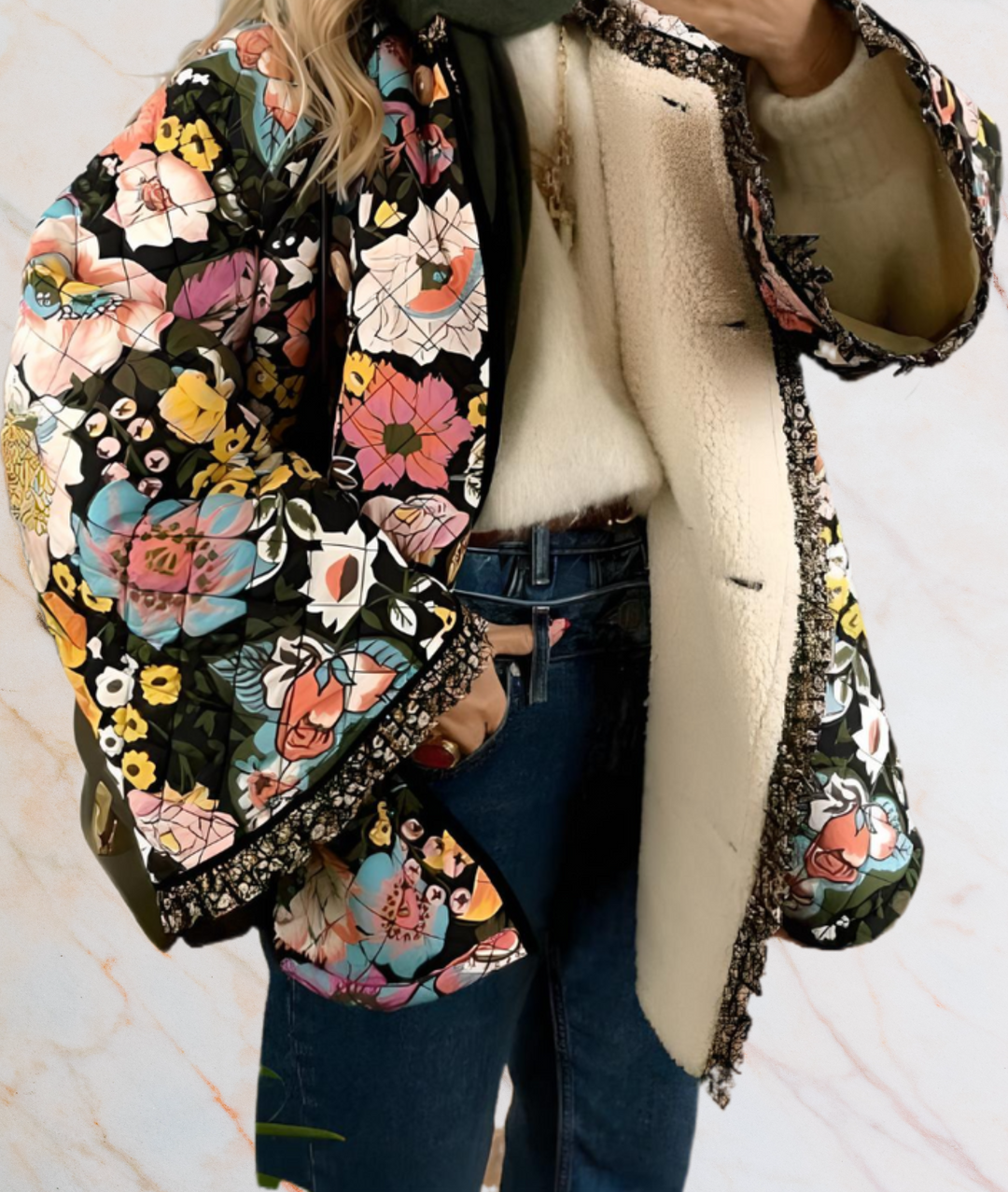 BLACK THICK ARTIFICIAL JACKET WITH LARGE FLORAL PRINTS-S-State of Style
