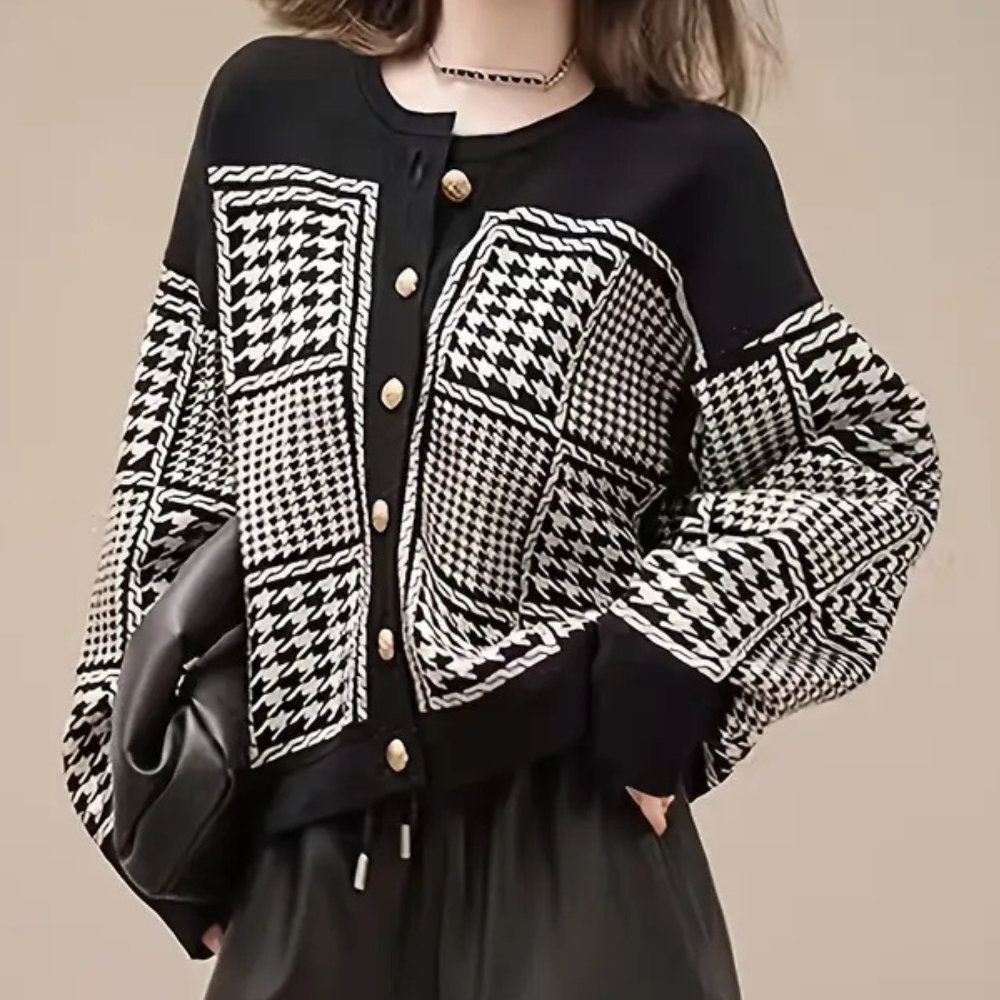 Black Women's Cardigan with Houndstooth Pattern - Isolde-XS-State of Style