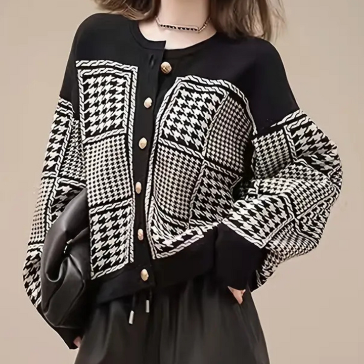 Black Women's Cardigan with Houndstooth Pattern - Isolde-XS-State of Style