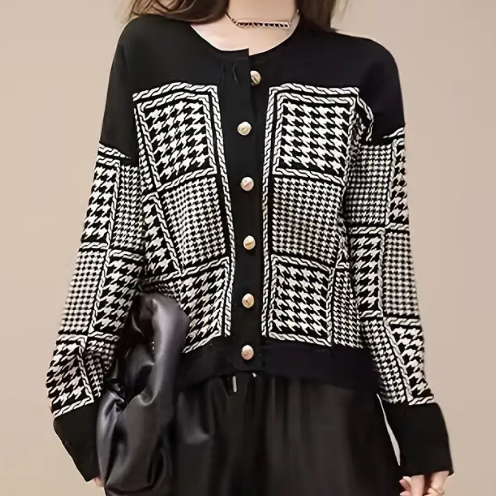 Black Women's Cardigan with Houndstooth Pattern - Isolde-XS-State of Style