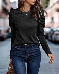 Blouse with Long Puff Sleeves and Round Neck - Eva-Black-S-State of Style