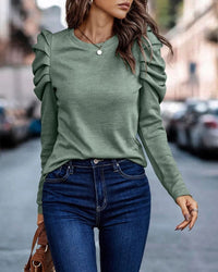 Blouse with Long Puff Sleeves and Round Neck - Eva-Green-S-State of Style