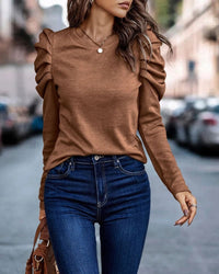 Blouse with Long Puff Sleeves and Round Neck - Eva-Orange-S-State of Style