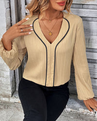 Blouse with Long Sleeves and V-Neck - Alina-Beige-S-State of Style