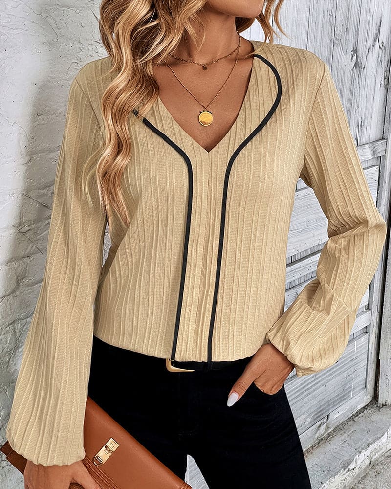 Blouse with Long Sleeves and V-Neck - Alina-Beige-S-State of Style