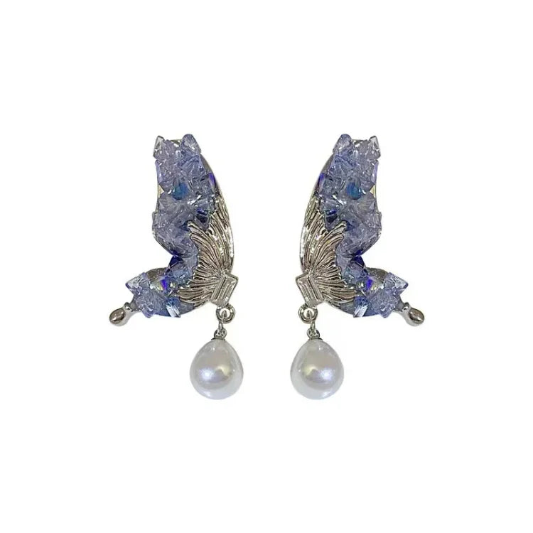 Blue Crystal Butterfly Wing Earrings with Pearl – Liora-State of Style