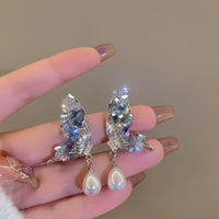 Blue Crystal Butterfly Wing Earrings with Pearl – Liora-State of Style