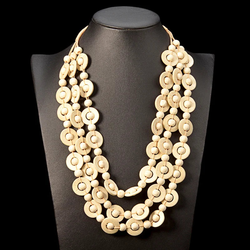 Bohemian Multi-Layered Wooden Bead Necklace-BEIGE-State of Style