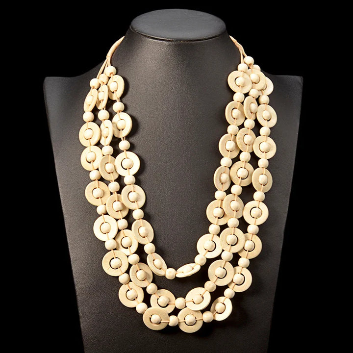 Bohemian Multi-Layered Wooden Bead Necklace-BEIGE-State of Style