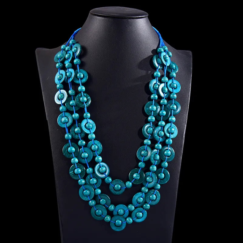 Bohemian Multi-Layered Wooden Bead Necklace-BLAU-State of Style