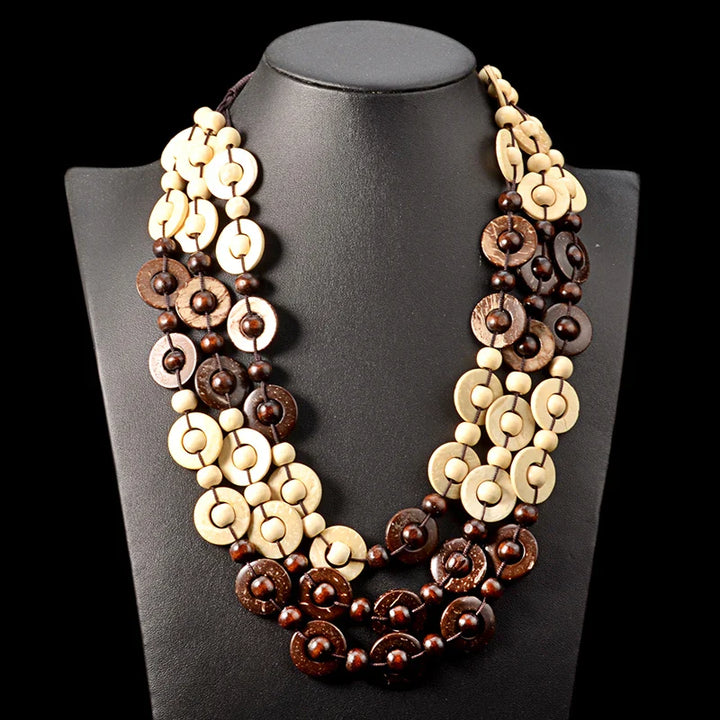 Bohemian Multi-Layered Wooden Bead Necklace-BRAUN BEIGE-State of Style