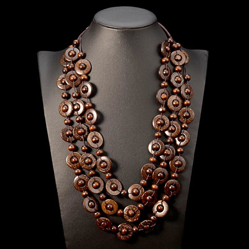Bohemian Multi-Layered Wooden Bead Necklace-BRAUN-State of Style